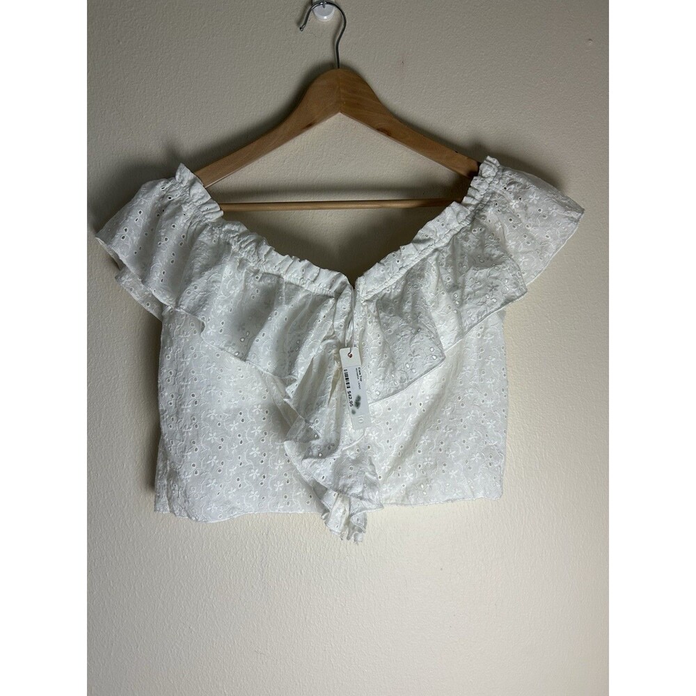 Olivaceous Coset Top Blouse Womens L Ruffle Crop Y2K White Eyelet Peasant Boho